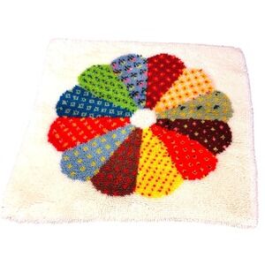 Vintage 60s Handmade Punch Needle Rug Flower Design Cream Colorful Accent Rug